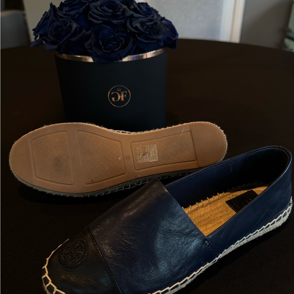Tory Burch Colorblock Espadrille Flats Leather Navy Black Cap Toe Size 8 - Picture 9 of 9